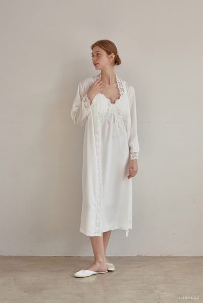 韓國 LUNA 法式清透絲柔蕾絲長裙洋裝外套兩件式睡衣9