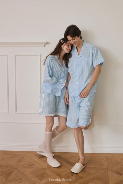 韓國 LUNA 法式直紋蝴蝶結蕾絲短褲男女情侶睡衣套裝3