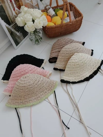 韓國 UNI 度假撞色編織綁繩防曬漁夫帽2