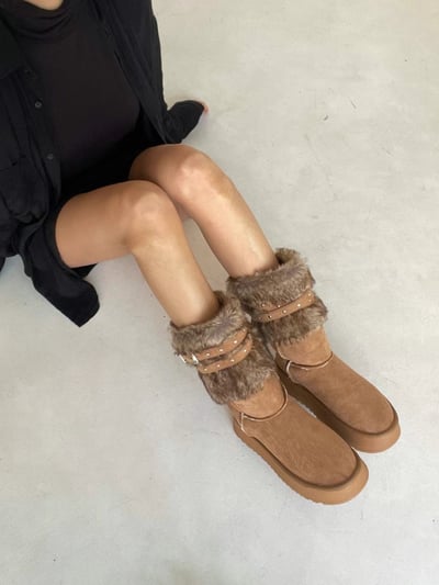 韓國PLA愛斯基摩皮帶外翻絨毛長筒雪靴2