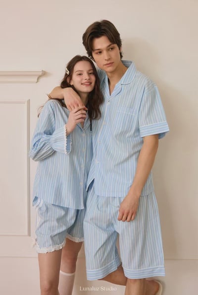 韓國 LUNA 法式直紋蝴蝶結蕾絲短褲男女情侶睡衣套裝1