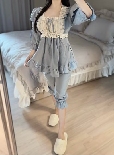 韓國 LUNA 法式鄉村抓袖五分褲子睡衣套裝3