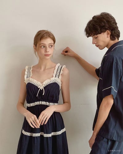 韓國 LUNA 法式花邊蛋糕長裙短褲情侶睡衣6