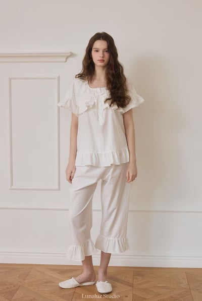 韓國 LUNA 歐式典雅荷葉兩件式短褲套裝睡衣5