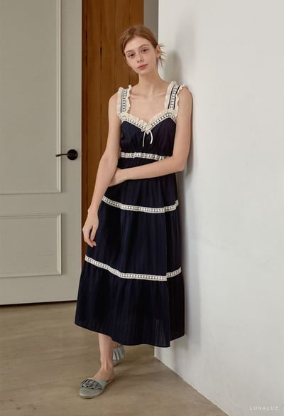 韓國 LUNA 法式花邊蛋糕長裙睡衣9