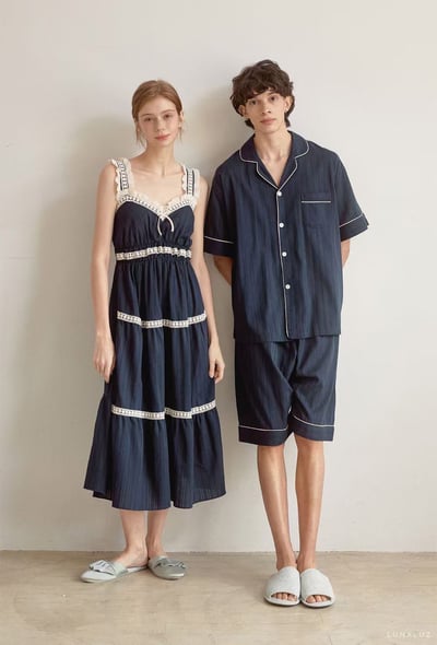 韓國 LUNA 法式花邊蛋糕長裙短褲情侶睡衣10