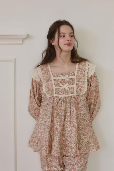 韓國 LUNA 歐風復古鄉野碎花長袖套裝睡衣6