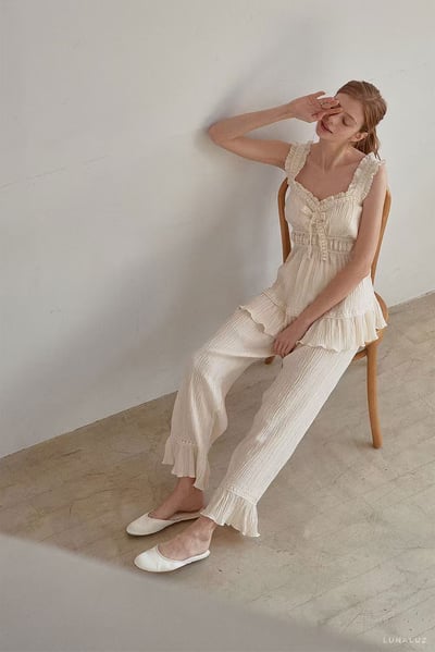 韓國 LUNA 法式清透絲沙兩件式長褲套裝睡衣5