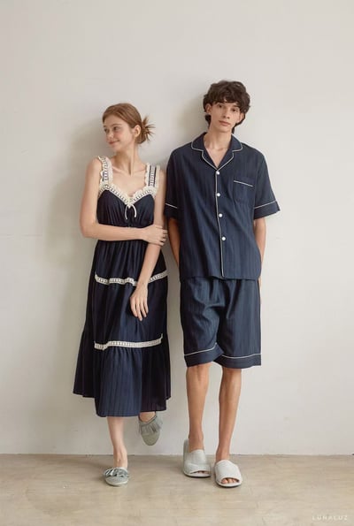 韓國 LUNA 法式花邊蛋糕長裙短褲情侶睡衣9