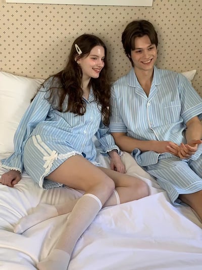 韓國 LUNA 法式直紋蝴蝶結蕾絲短褲男女情侶睡衣套裝5