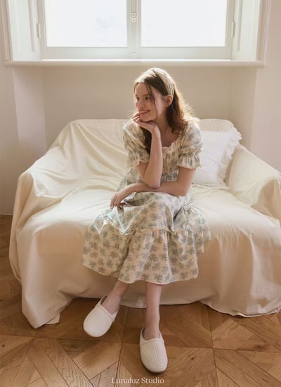 韓國 LUNA 歐風浪漫壓花公主袖長裙洋裝睡衣4