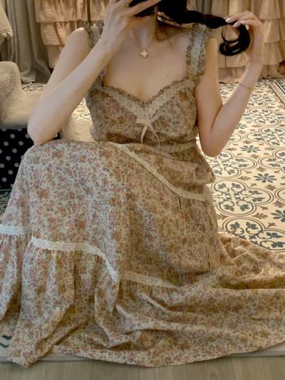 韓國 LUNA 法式復刻浪漫碎花長裙洋裝睡衣2