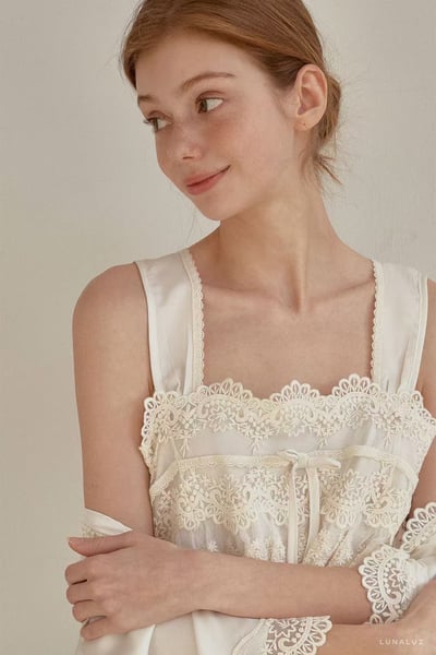 韓國 LUNA 法式蕾絲蝴蝶結兩件式外套長裙洋裝睡衣4