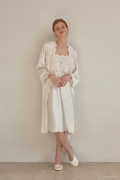 韓國 LUNA 法式蕾絲蝴蝶結兩件式外套長裙洋裝睡衣8