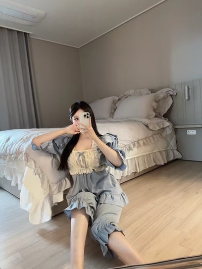 韓國 LUNA 法式鄉村抓袖五分褲子睡衣套裝2