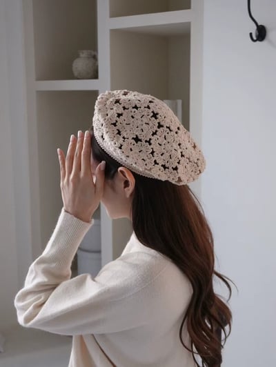 韓國UNI歐式蕾絲鏤空繡花平頂帽3