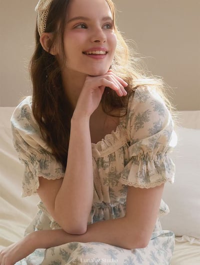 韓國 LUNA 歐風浪漫壓花公主袖長裙洋裝睡衣6