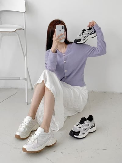 韓國 NAA 真皮珍珠蝴蝶結運動休閒老爹女鞋3