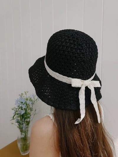 韓國 UNI 初夏編織簍空蝴蝶結圓形帽草帽漁夫帽1