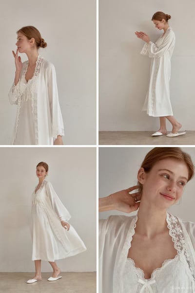 韓國 LUNA 法式清透絲柔蕾絲長裙洋裝外套兩件式睡衣3