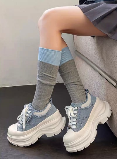 韓國 AL 六公分弧刀牛仔單寧厚底板鞋 (男女)1