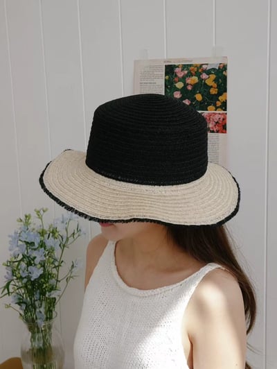 韓國 UNI 初夏編織撞色圓形帽草帽6