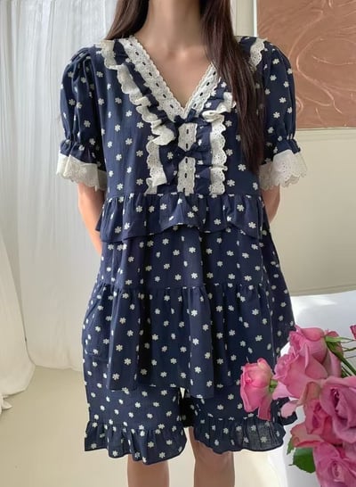韓國 LUNA 法式浪漫碎花蕾絲長裙套裝睡衣4