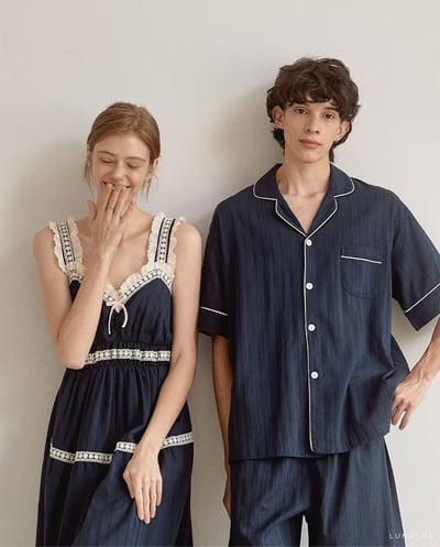 韓國 LUNA 法式花邊蛋糕長裙短褲情侶睡衣2