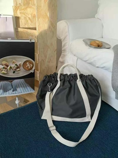 韓國TRO 文青通勤抽繩尼龍手提側背托特包8