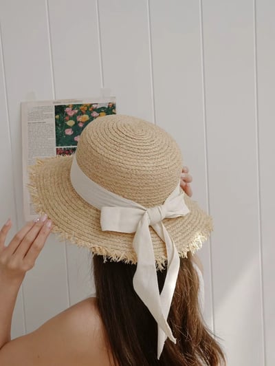 韓國 UNI 初夏蝴蝶結圓形帽平頂草帽1