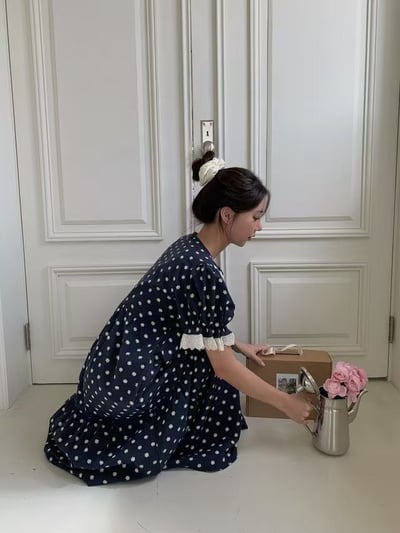 韓國 LUNA 法式浪漫碎花蕾絲長裙套裝睡衣3