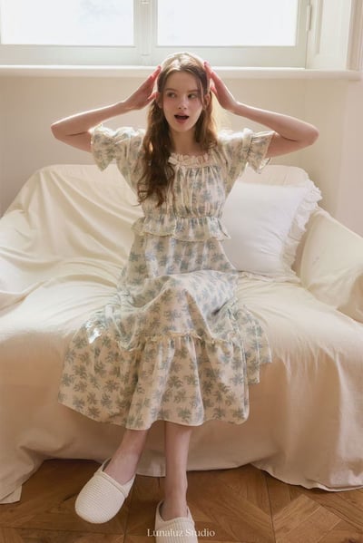 韓國 LUNA 歐風浪漫壓花公主袖長裙洋裝睡衣1
