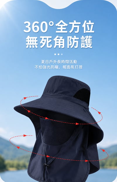 防曬護頸遮陽帽｜戶外釣魚／登山／露營透氣漁夫帽｜防風大帽簷5