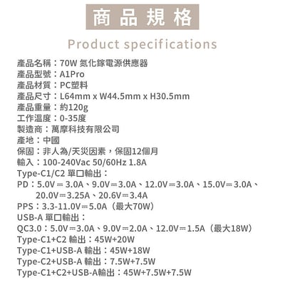 Allite A1 PRO 70W 1A+2C 氮化鎵三孔快充頭(附贈三合一萬國轉接頭)