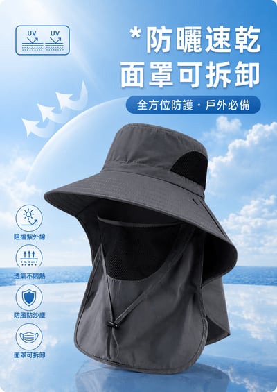 防曬護頸遮陽帽｜戶外釣魚／登山／露營透氣漁夫帽｜防風大帽簷3