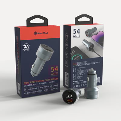 (5折福利品出清) PD/QC 54W 鋁合金電顯車用快充 (2孔1C1A)1