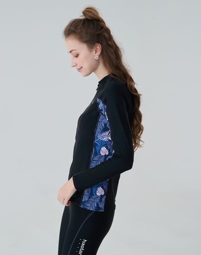 Haolang 經典黑花葉長袖拉鍊泳衣3