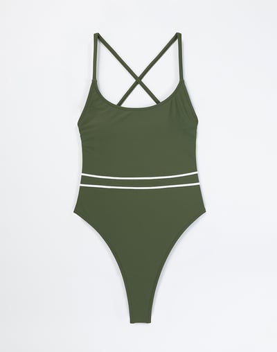 Haolang 墨綠辣丁連身泳衣4