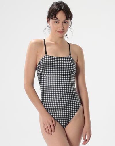 Haolang 黑白格紋肩帶式連身泳衣/四種穿法6