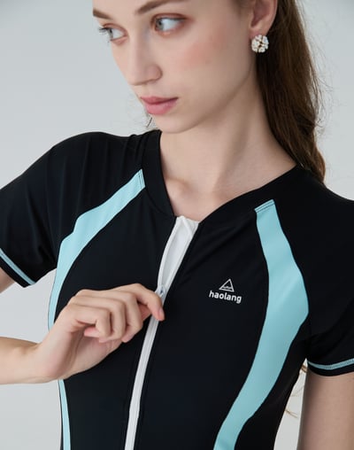 Haolang 經典拼色短袖拉鍊連身裙泳衣3