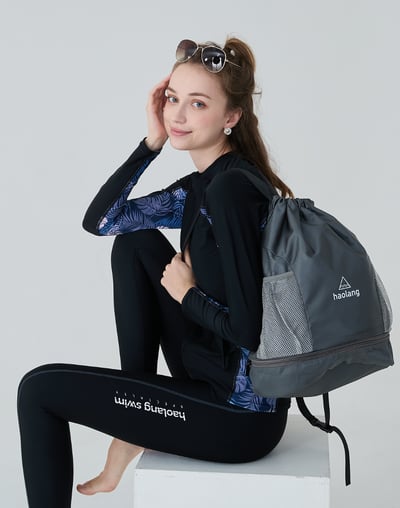 Haolang 經典黑花葉長袖拉鍊泳衣5