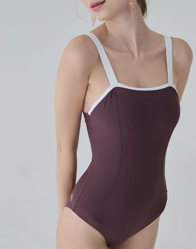 Haolang 可可棕綁帶平口連身三角泳衣3