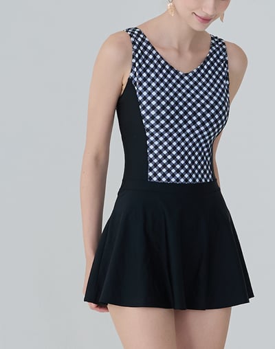 Haolang 黑白格紋連身裙泳衣4