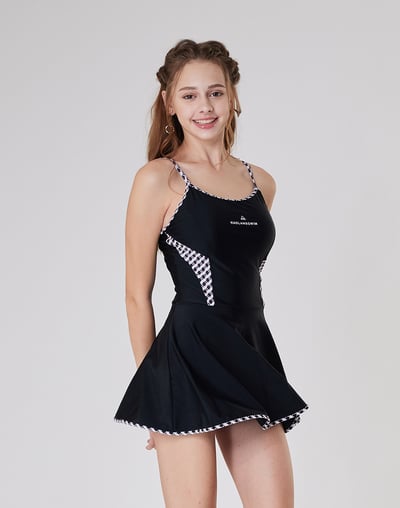 Haolang 經典黑格紋顯瘦連身裙泳衣5