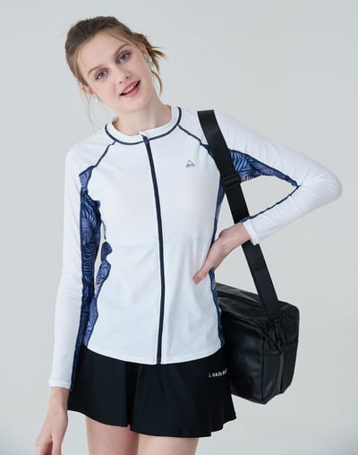 Haolang 晨霧白花葉長袖拉鍊泳衣5