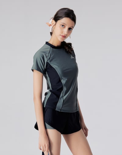 Haolang 炭灰綠拼色短袖泳衣4