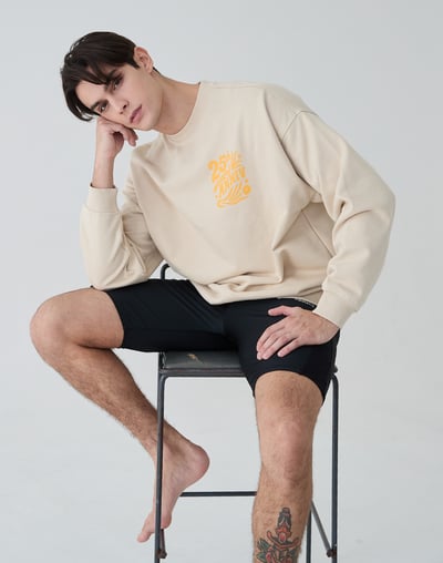 Haolang 中性厚磅落肩大學T米杏色1