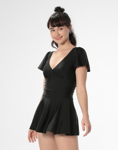 Haolang 經典黑短袖四角連身裙泳衣1