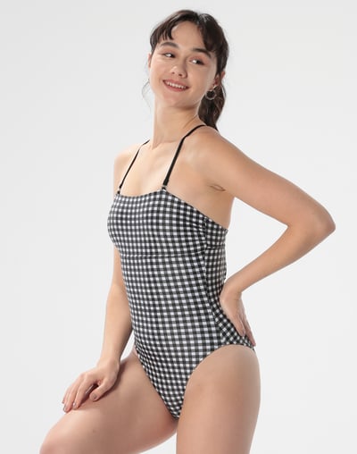 Haolang 黑白格紋肩帶式連身泳衣/四種穿法8