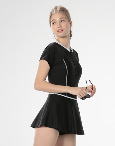 Haolang 經典黑短袖連身裙泳衣4